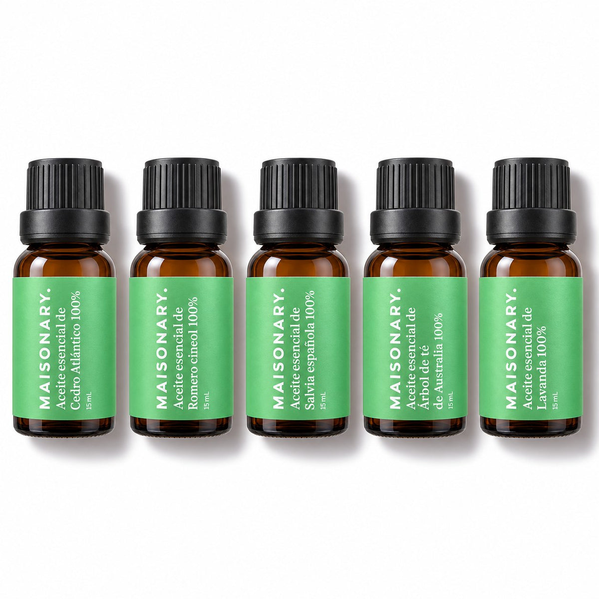Los cinco aceites esenciales Maisonary de 15 ml alineados sobre fondo blanco